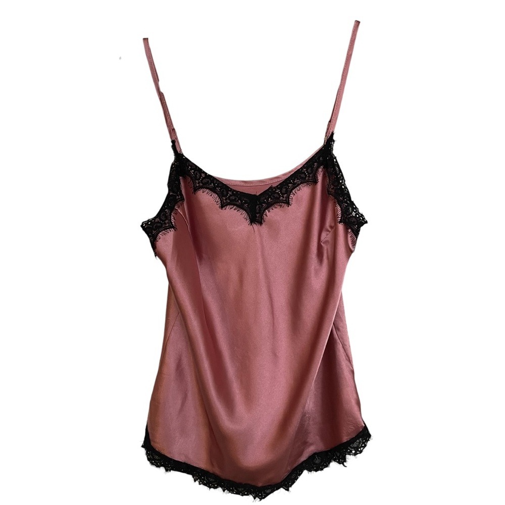 Mauve Women's Satin Lingerie Lacey Tank Top Chemise with Black Lace Sz.M